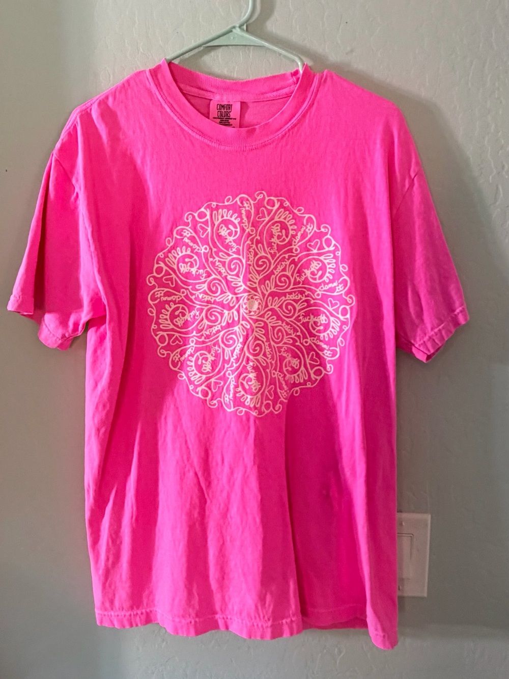 Bright Pink funny Graphic Tee with White Mandala Design with hidden bad words